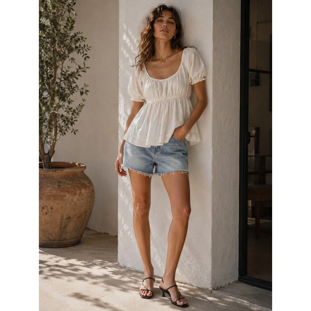 Free People Blouse Top Women Sz S White Milkmaid Cut Out Back Tie Cottage
